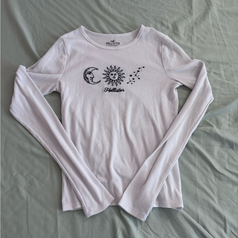 Hollister White Ribbed Sun Moon Long Sleeve Tee